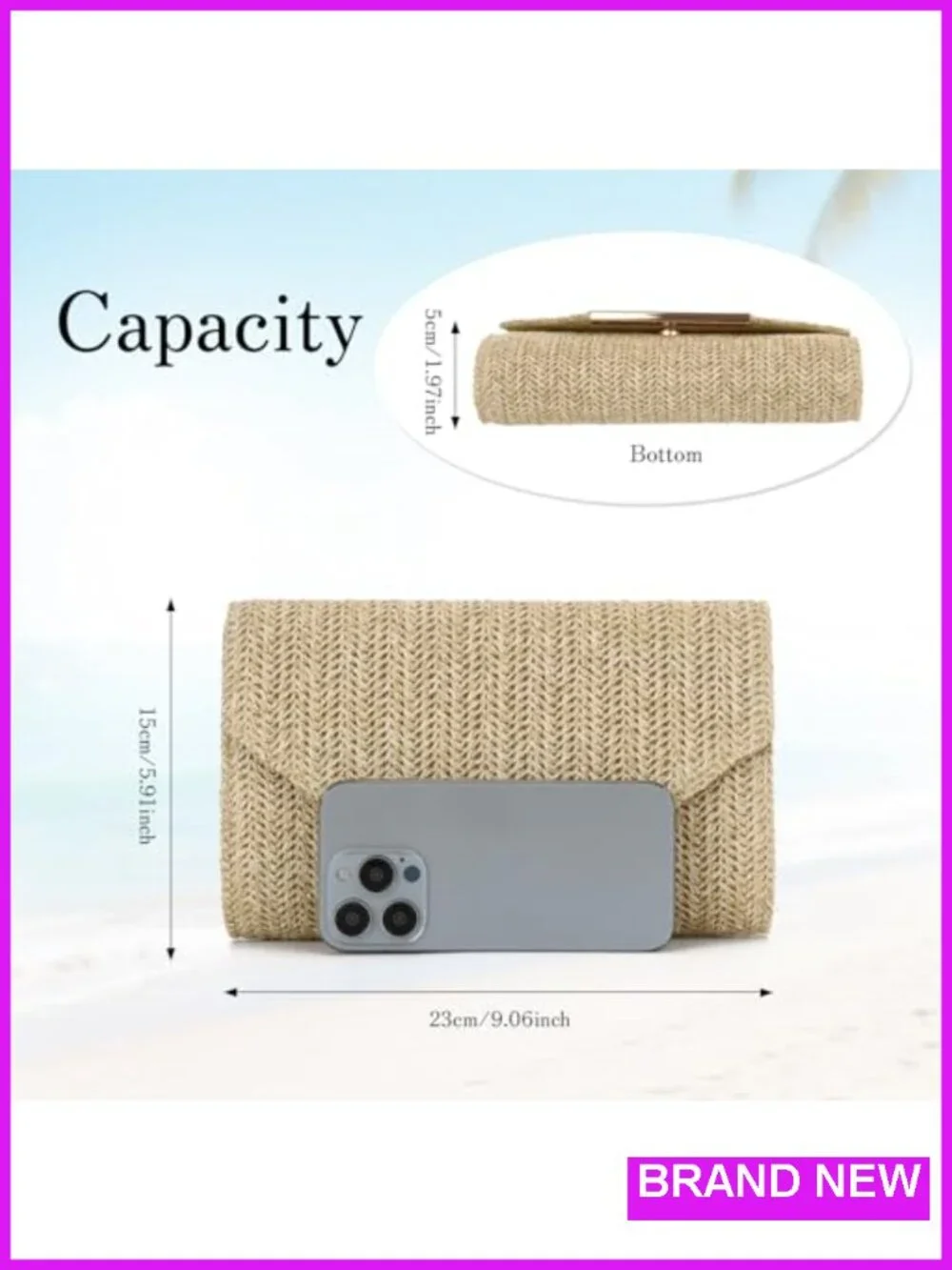 Straw Woven Envelope Clutch with Detachable Chain - PP Straw Beach Evening Bag